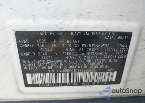 2013 Subaru Outback 2.5I Premium from USA, damaged, VIN 04S4BRBCC1D322857